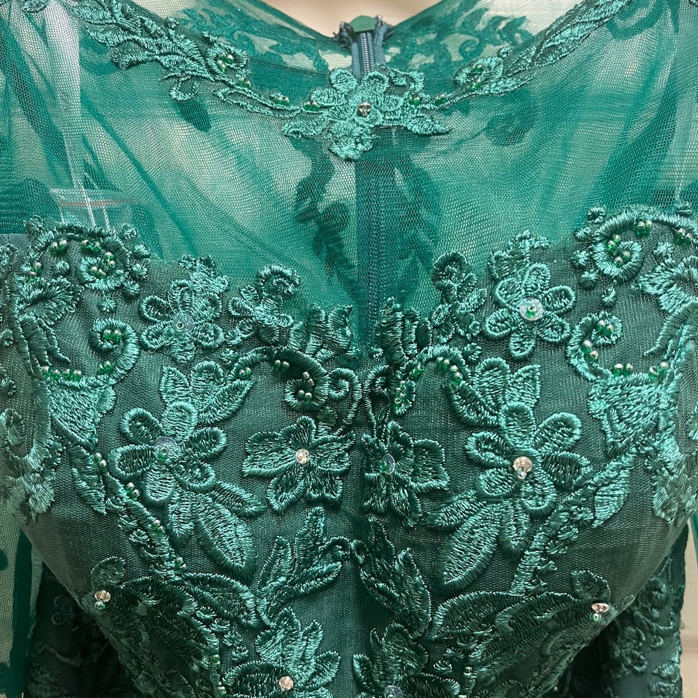 JJ's House Sweetheart Illusion Tea-Length Chiffon Beaded Sequin MOB Dress - 14